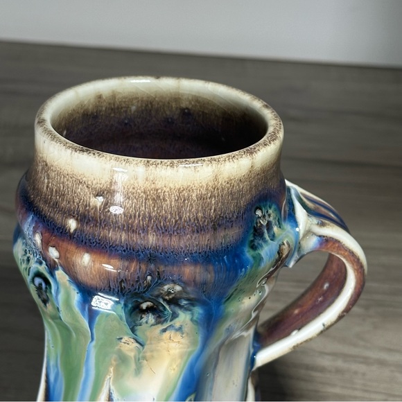 VINTAGE PHIL MAYHEW Blue Green Hand Thrown Drip Glaze Twist Pottery Coffee Mug - Picture 3 of 15